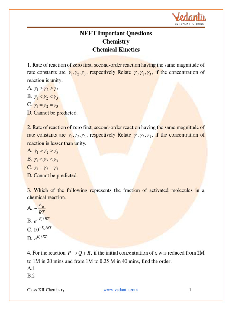 Chemical Kinetics Class 12 Important Questions Neet Chemistry Pdf