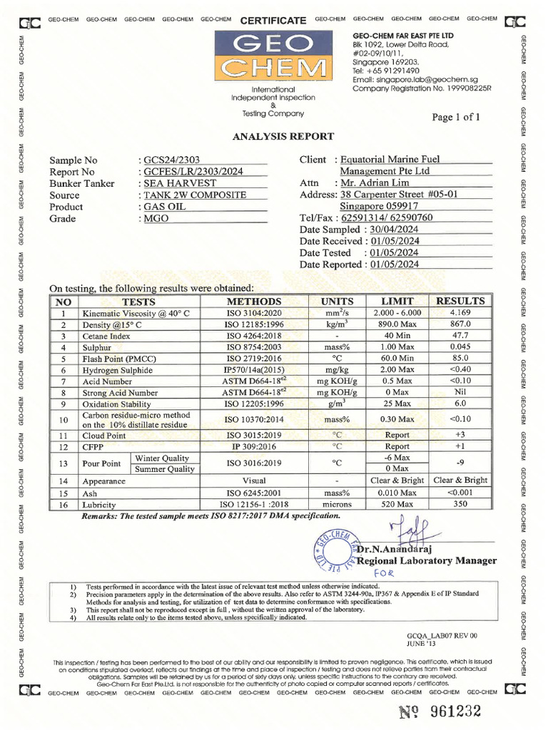 Gcs24-2303-Sea Harvest-Tank 2w-Mgo-Analysis Report | PDF