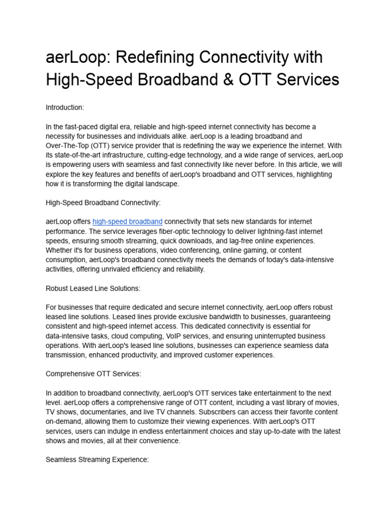 aerLoop: High-Speed Broadband & OTT Services | PDF | Broadband ...