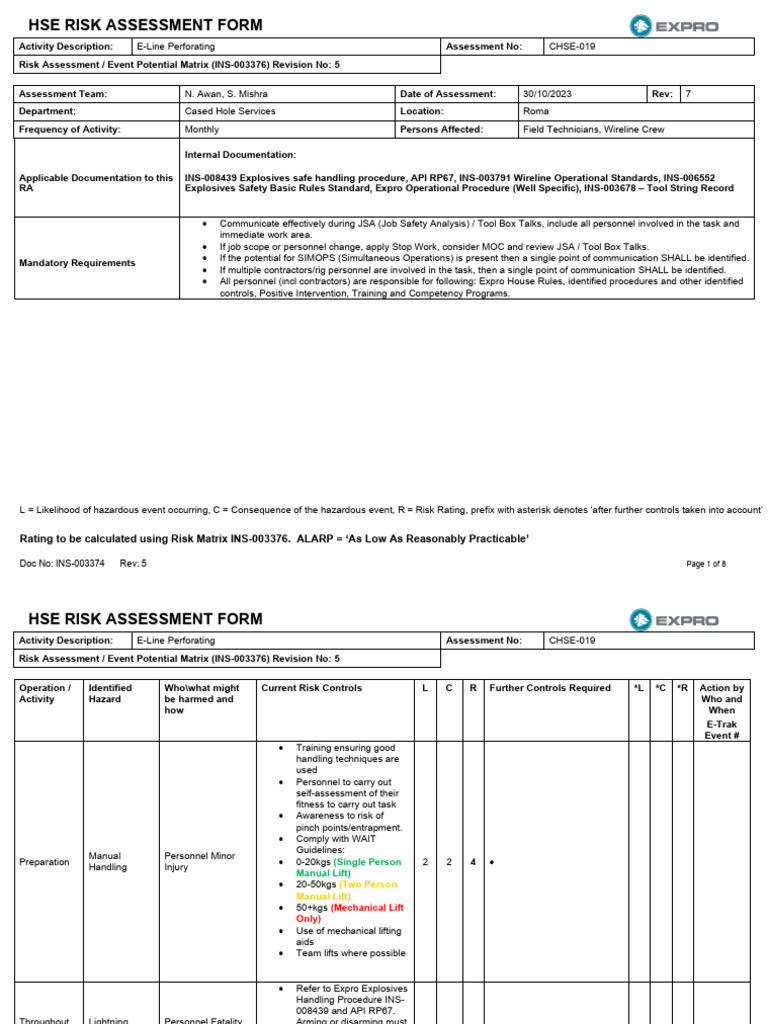 HSE Risk Assessment for E-Line Perforating | PDF | Risk | Risk Assessment