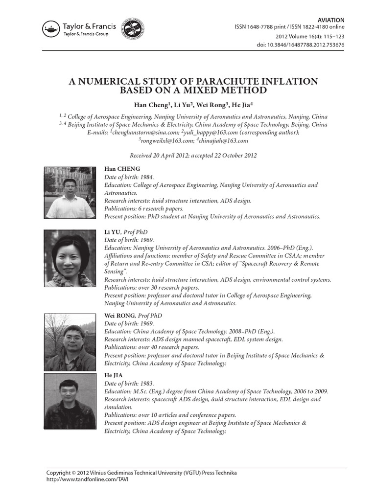 A Numerical Study of Parachute Inflation Based On | PDF | Computational ...