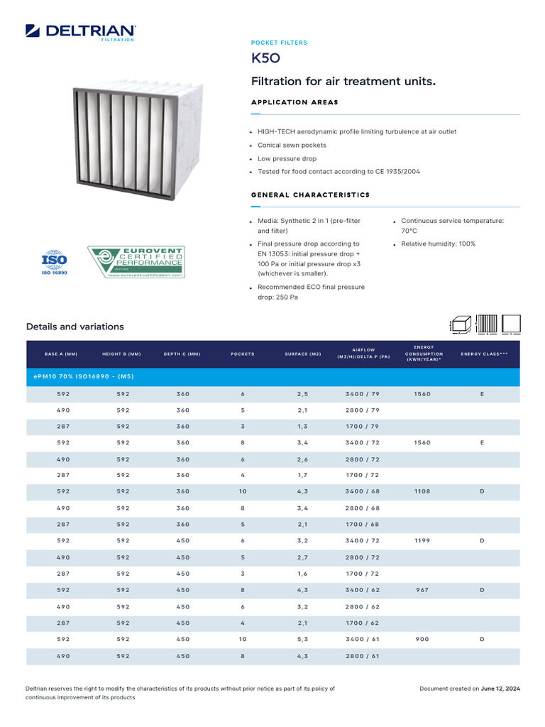 K50 Pocket Filters for Air Treatment | PDF | Chemical Engineering