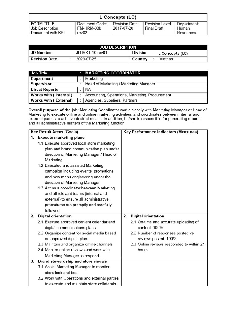 LC JD MKT 10 Marketing Coordinator With KPIs Rev01 Final | PDF ...