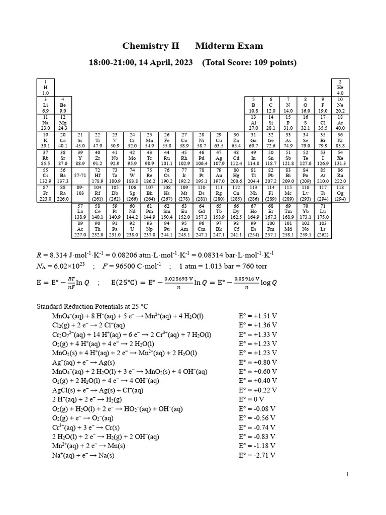 Chemistry II Midterm Exam Overview | PDF | Chemistry | Physical Chemistry