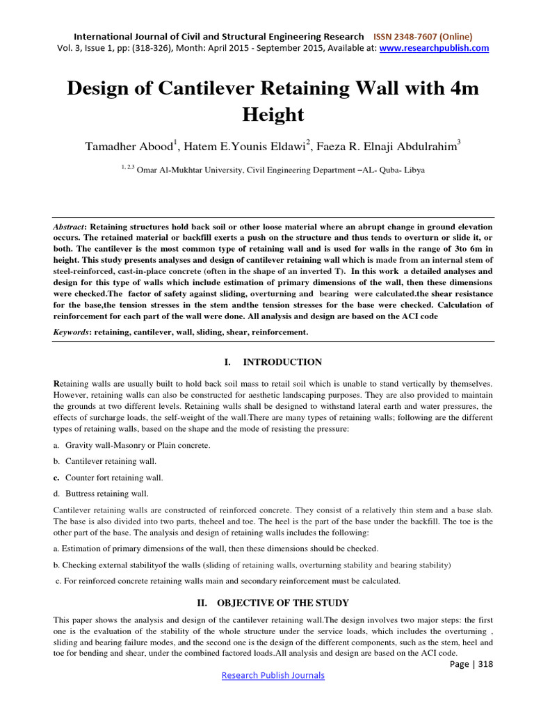 Cantilever Retaining Wall Design Analysis | PDF | Civil Engineering