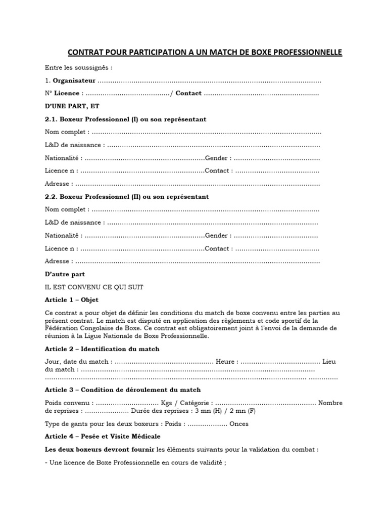 Contrat de Match de Boxe Professionnelle | PDF | Finance et gestion ...