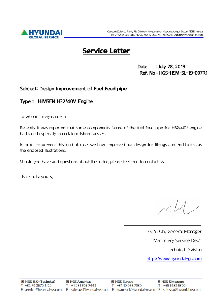 Service Letter: Subject: Design Improvement of Fuel Feed Pipe Type ...