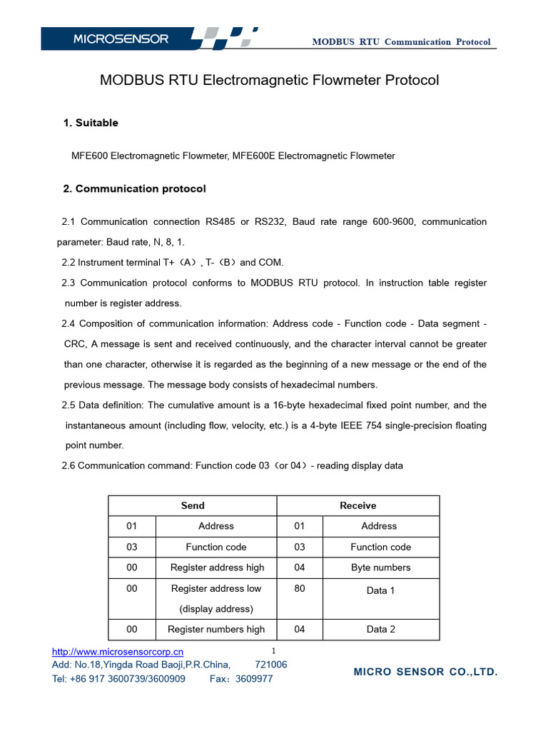 MODBUS RTU Flowmeter Protocol Guide | PDF | Bit | Computing