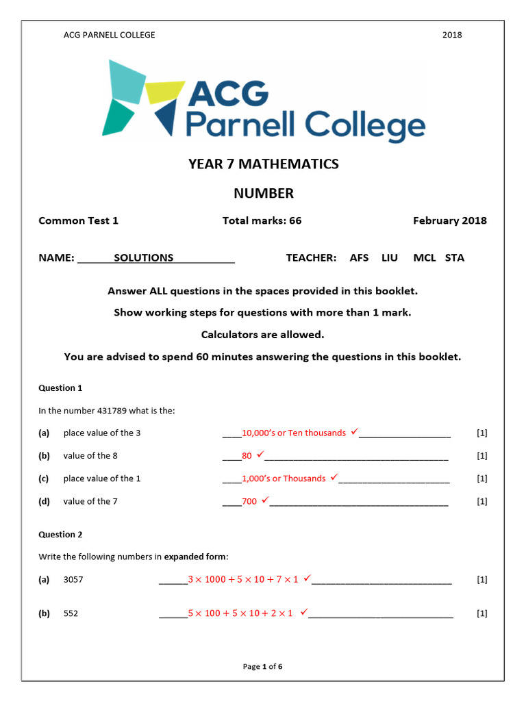 Year 7 Math Test Solutions | PDF | Numbers | Number Theory