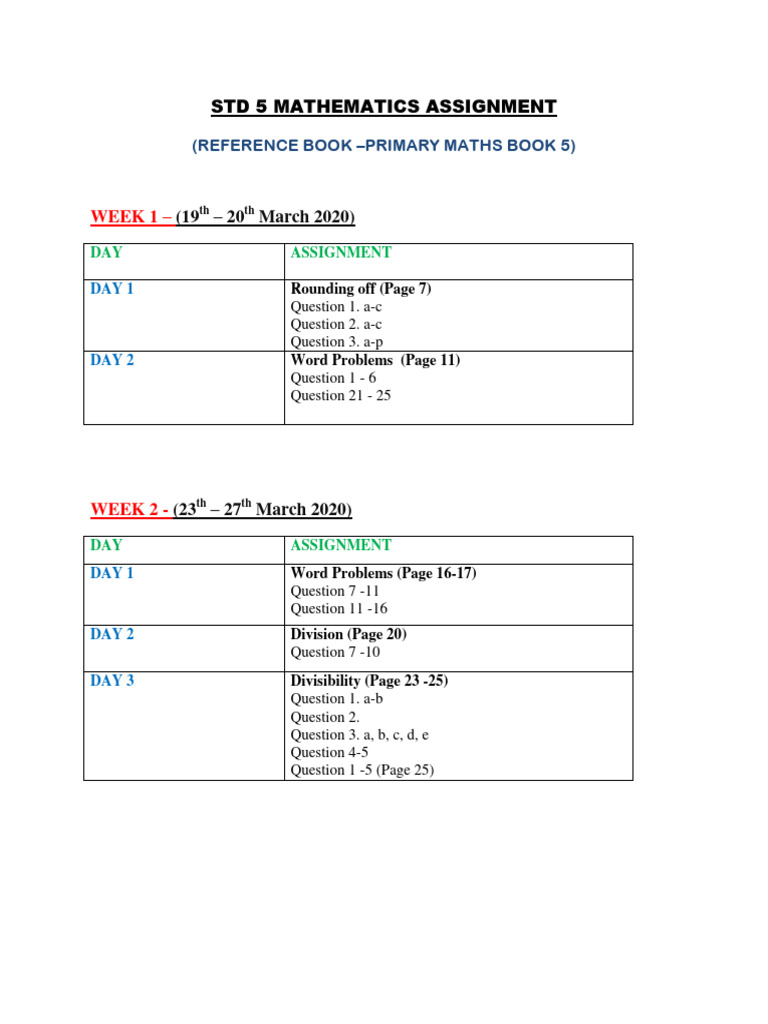 STD 5 Math Assignment Overview | PDF