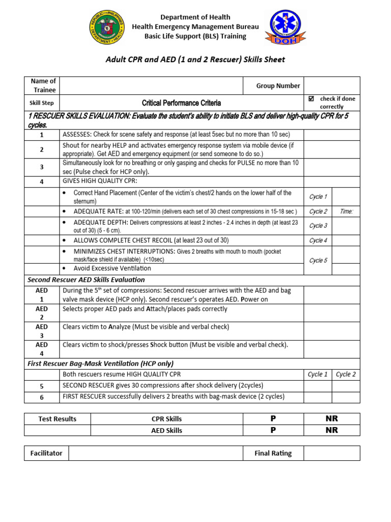 Adult CPR Skills Evaluation Sheet | PDF | Cardiopulmonary Resuscitation ...