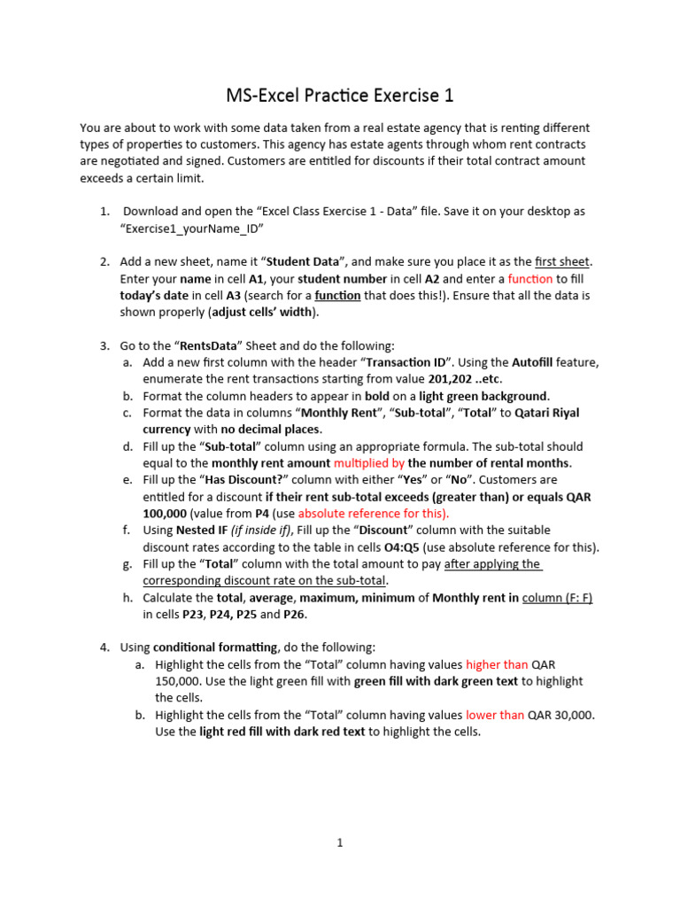 Excel class exercise 1 questions pdf microsoft excel