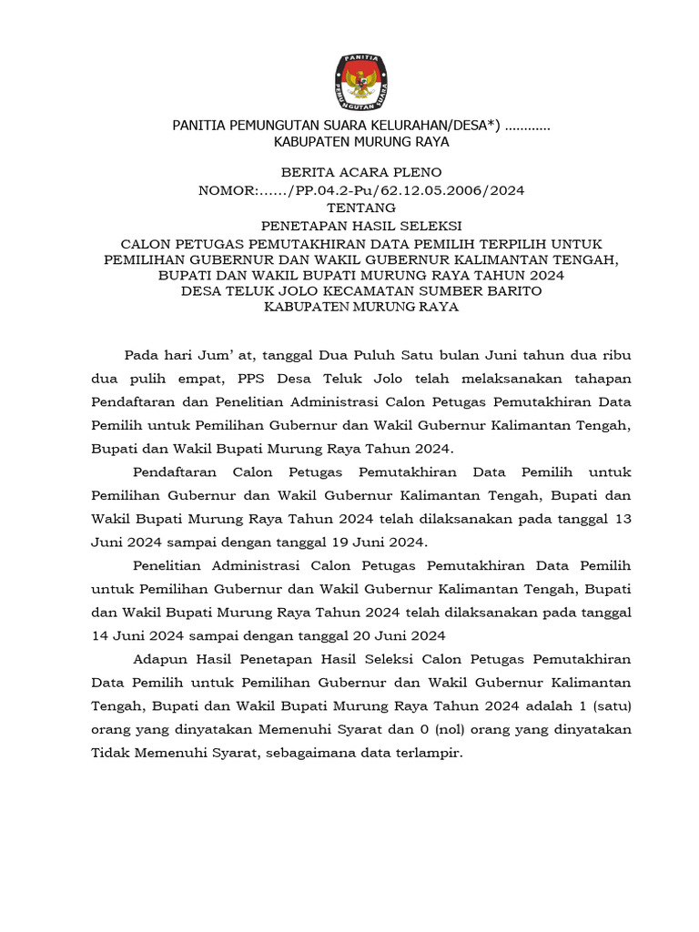 Berita acara hasil seleksi pantarlih pdf