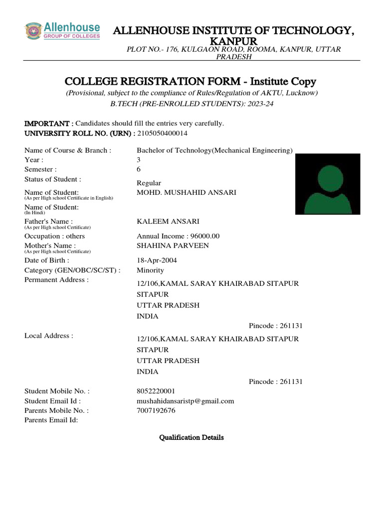 B.Tech Registration Form 2023-24 | PDF | Engineering