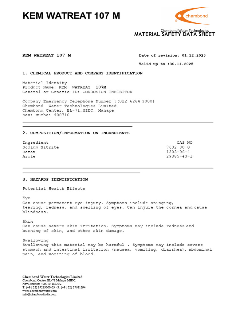 Kem Watreat 107 M MSDS | PDF | Firefighting | Breathing