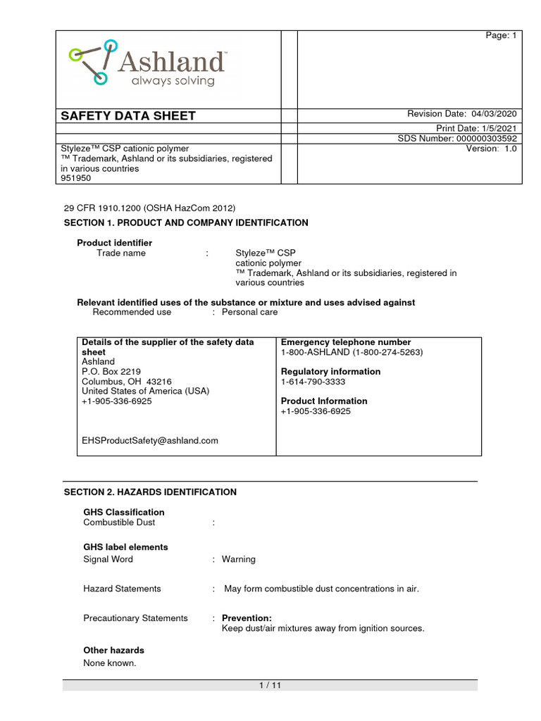 Styleze CSP Safety Data Sheet | PDF | Dangerous Goods | Firefighting