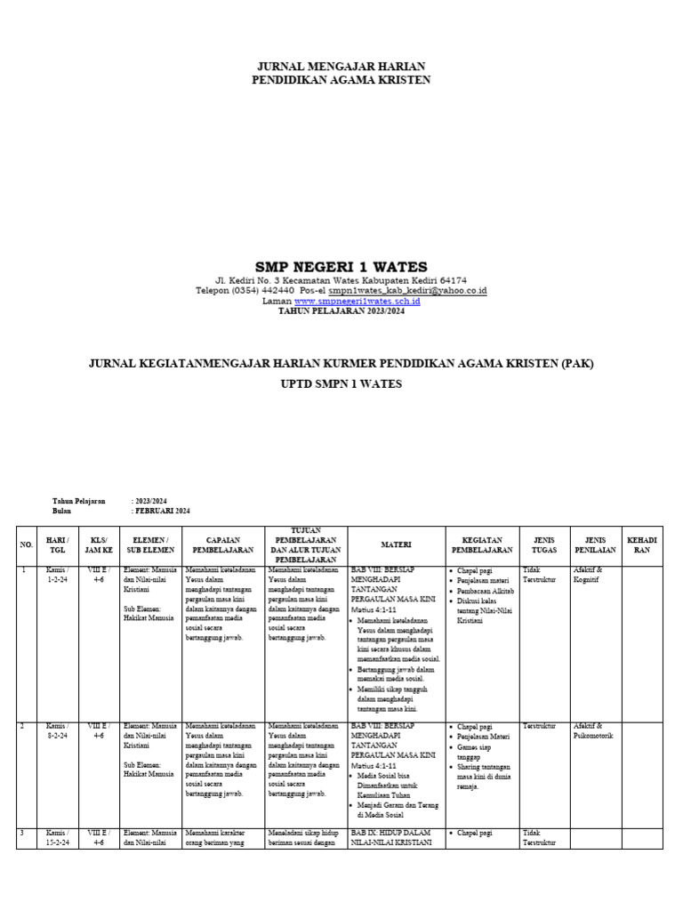 Jurnal Kegiatan Mengajar PAK SMP 2024 | PDF | Karier & Perkembangan ...