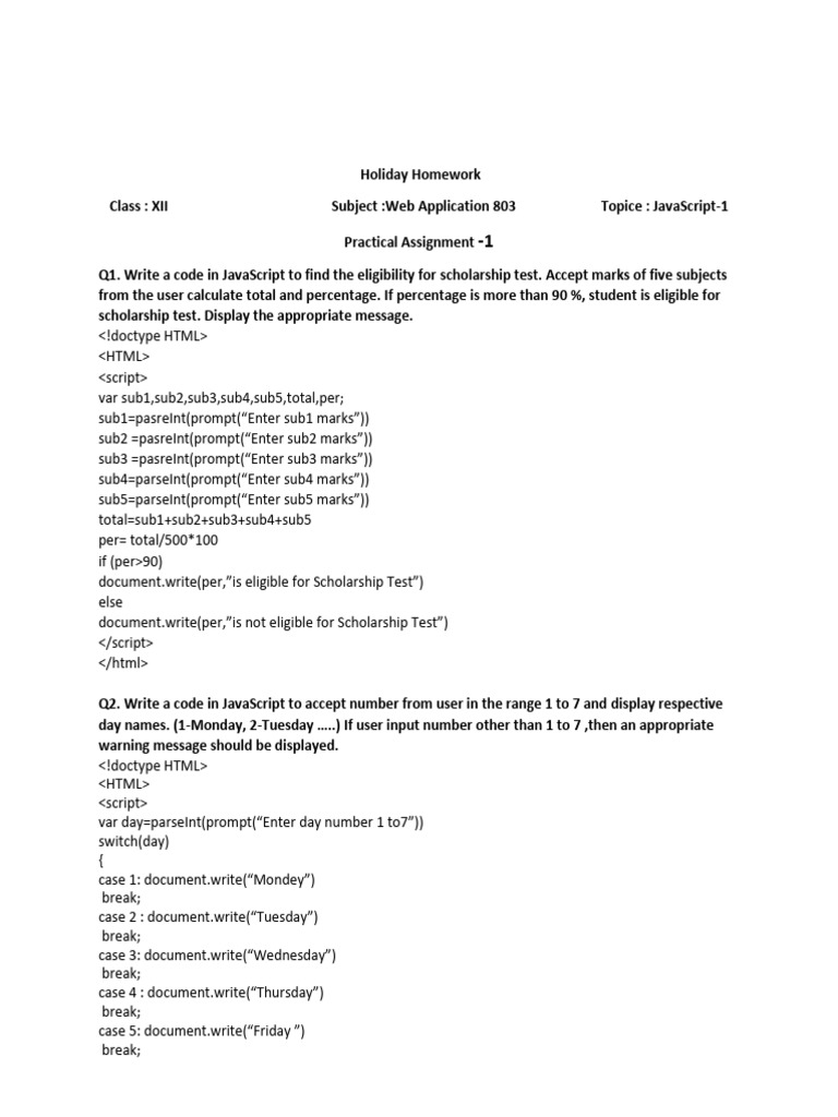 Hw wa xii practical file worksheets pdf java script