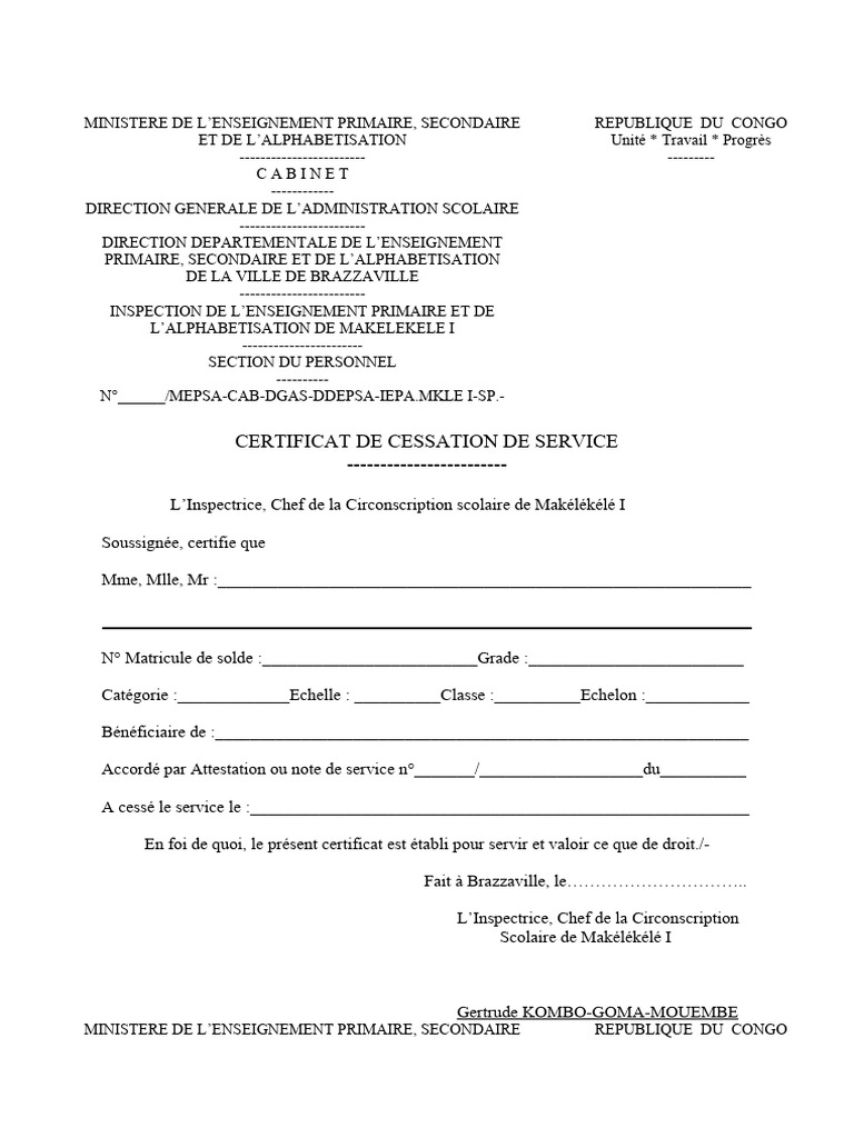 Certificat de cessation de service | PDF