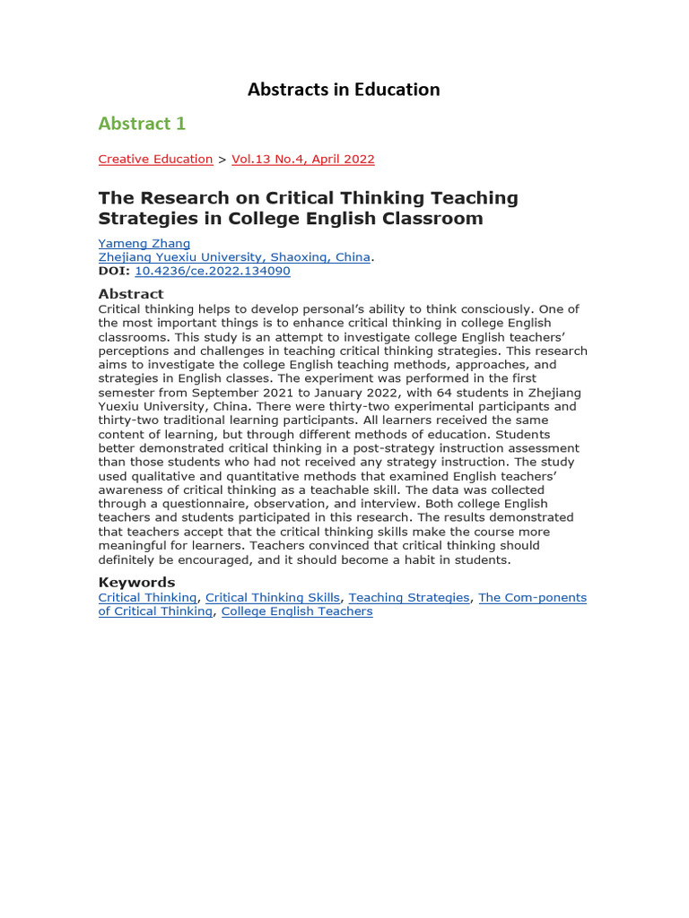 Abstracts in Education | PDF | Critical Thinking | Thought