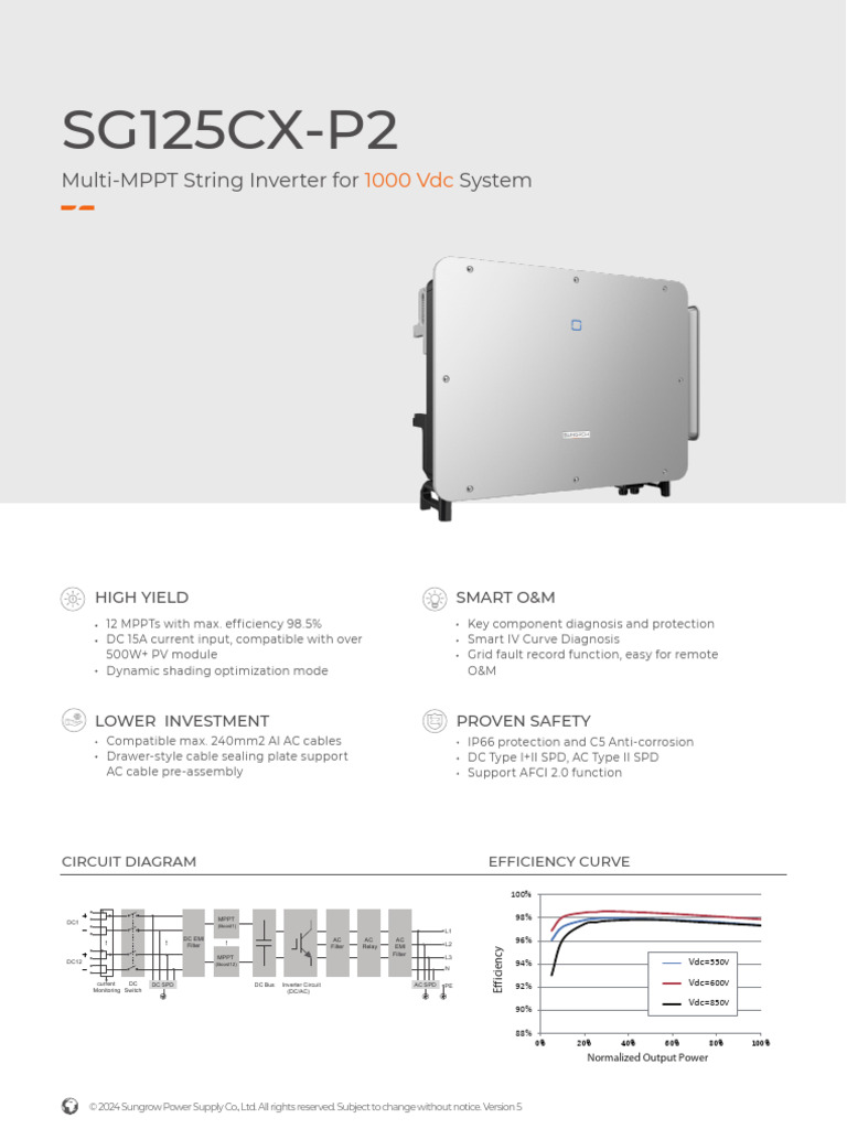 Sungrow SG125CX-P2 Inverter Specs | PDF | Alternating Current | Power ...