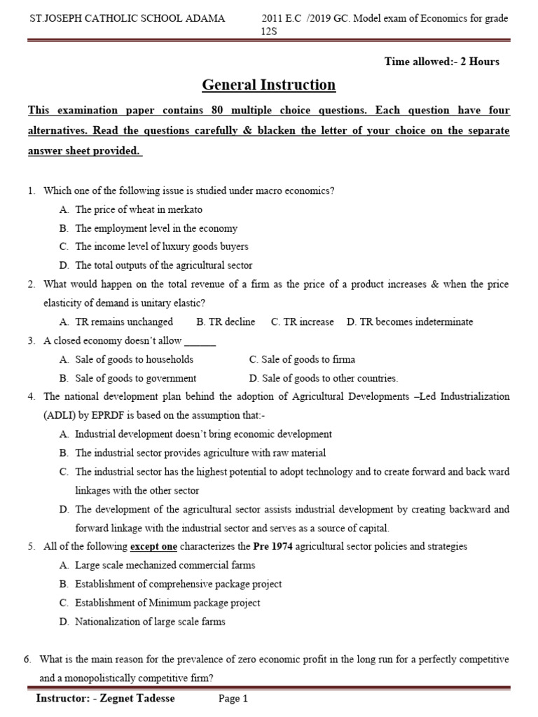 Grade 12 Economics Model Exam 2019 | PDF | Consumption (Economics ...