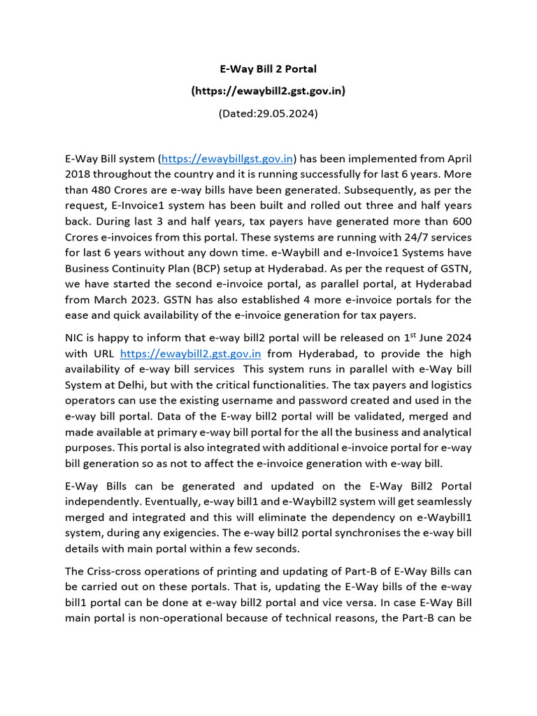 Eway Bill 2 Portal To Be Launched On 01062024 Pdf Computing
