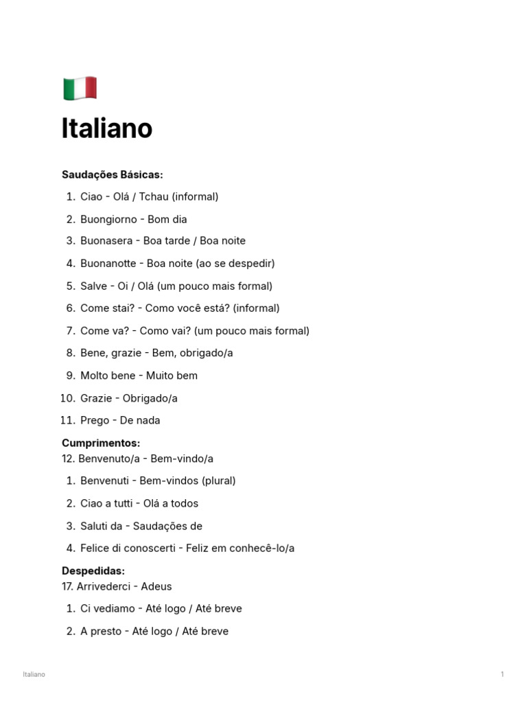 Saudações e Vocabulário Básico em Italiano | PDF | Plural | Substantivo