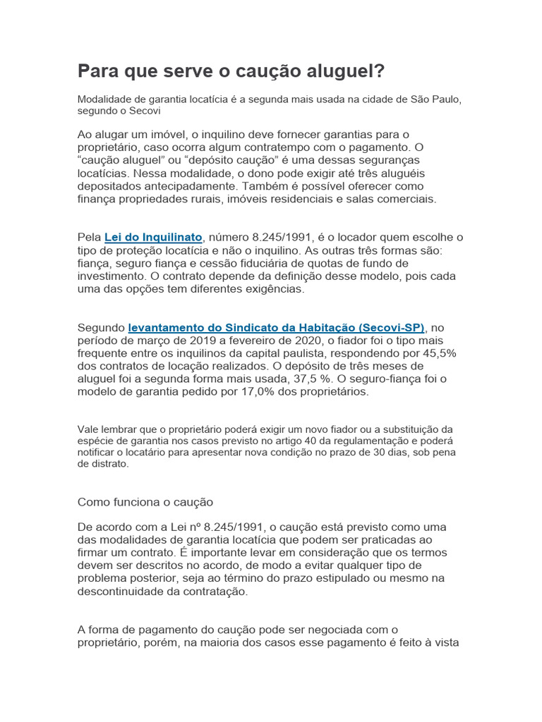 Função da Caução no Aluguel Imobiliário | PDF | Aluguel | Garantia
