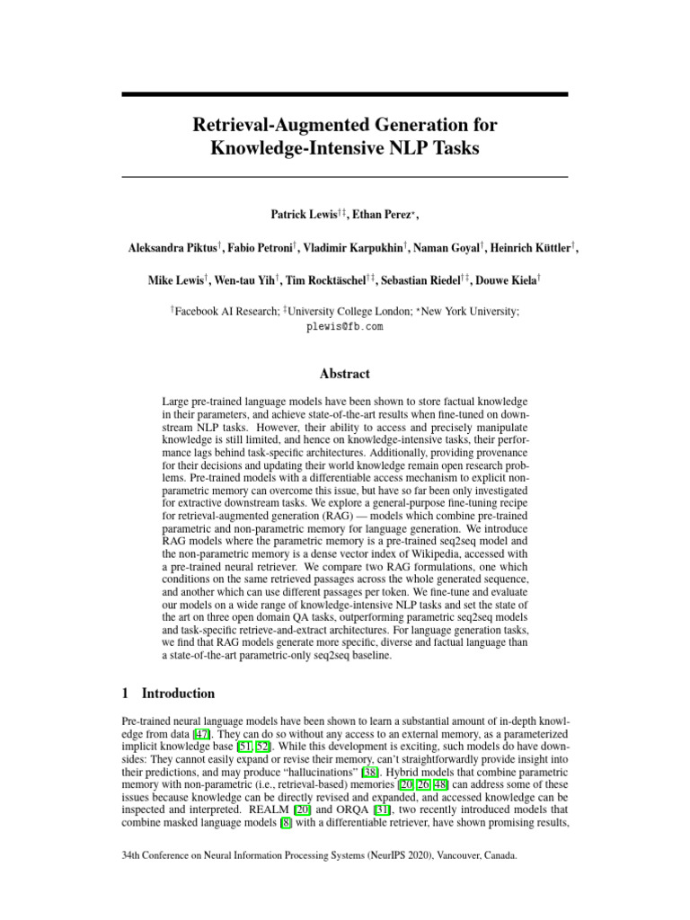 NeurIPS 2020 Retrieval Augmented Generation For Knowledge Intensive NLP ...