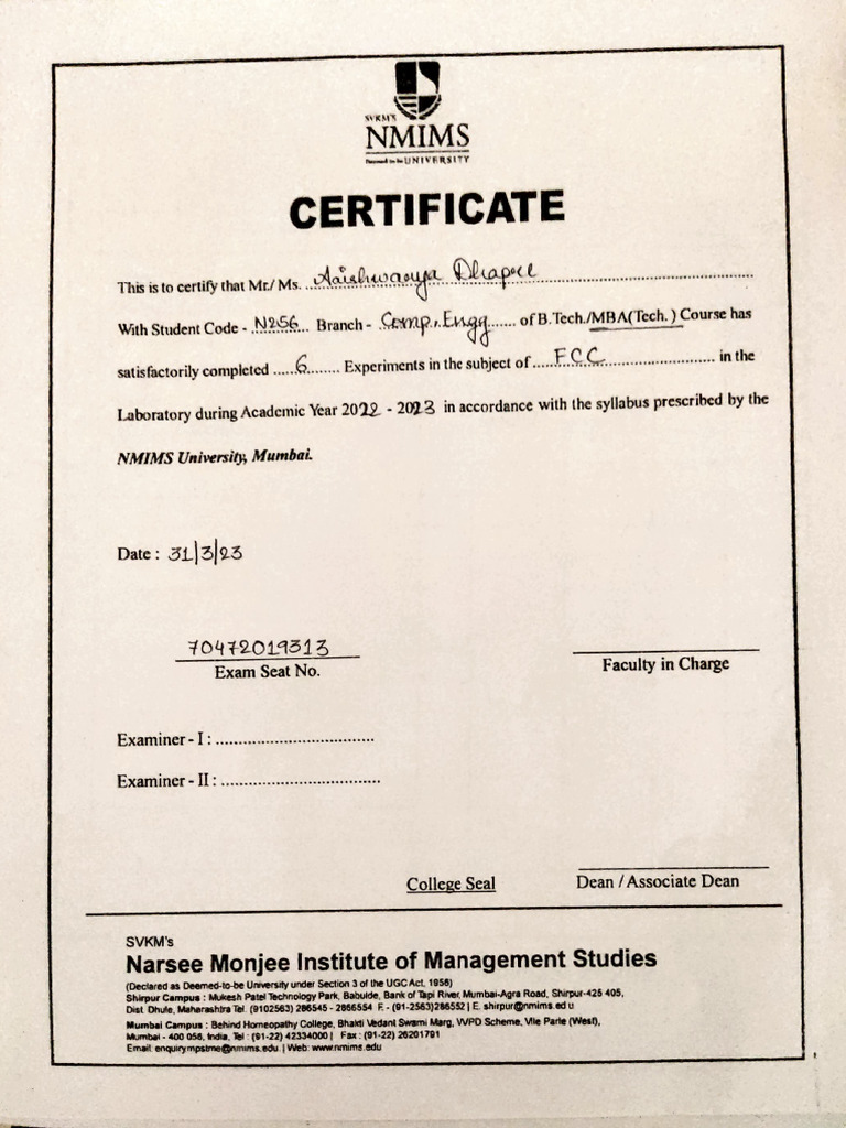 NMIMS University Experiment Certificate | PDF | Educational Stages | Mumbai