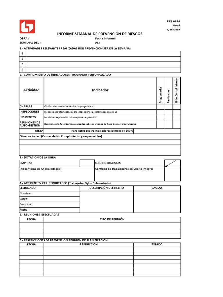 F PR 01 76 Informe Semanal de Prevencion de Riesgos | PDF