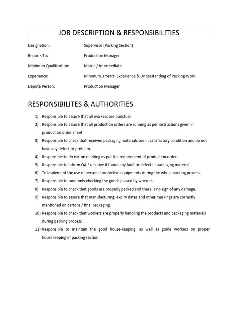 Packing Section Supervisor Job Description | PDF
