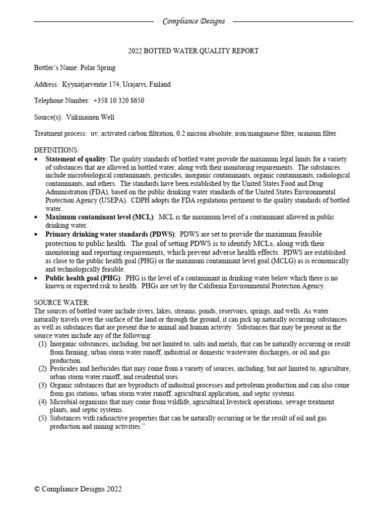 Vellamo Mineral CA Water Quality Report 2022 English PDF Drinking Water Bottled Water