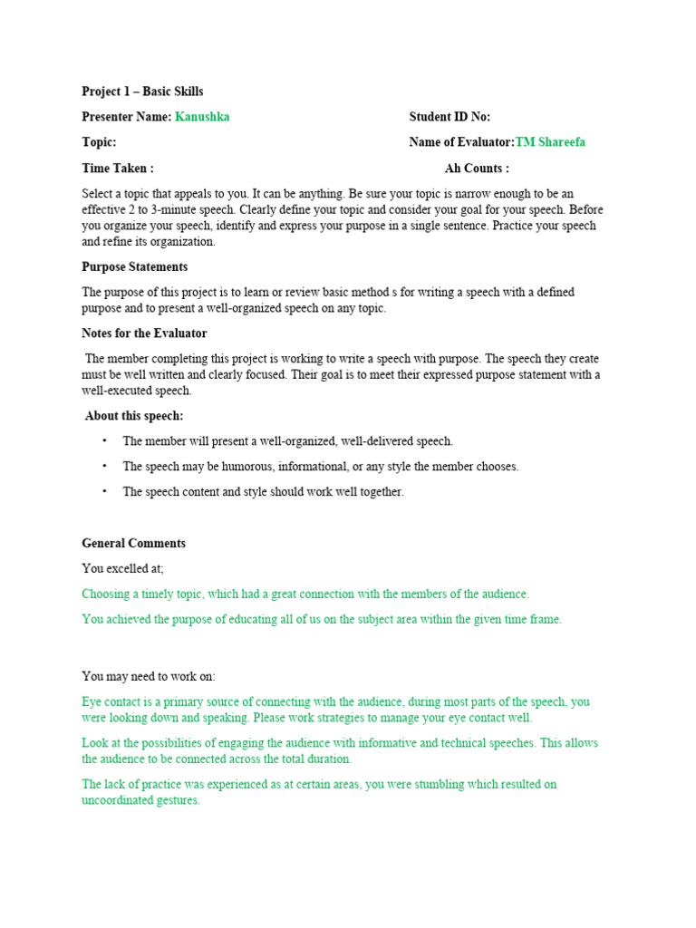 Basic Speech Skills Evaluation Guide | PDF | Gesture | Nonverbal ...