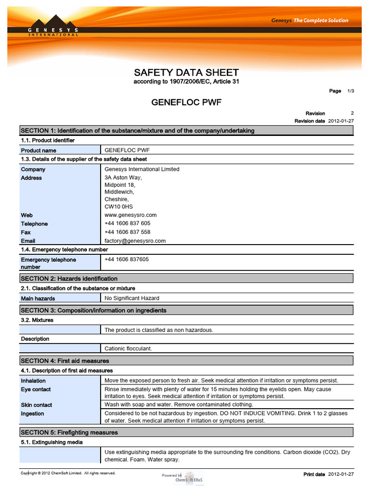 Genefloc PWF MSDS | PDF | Waste Management | Personal Protective Equipment
