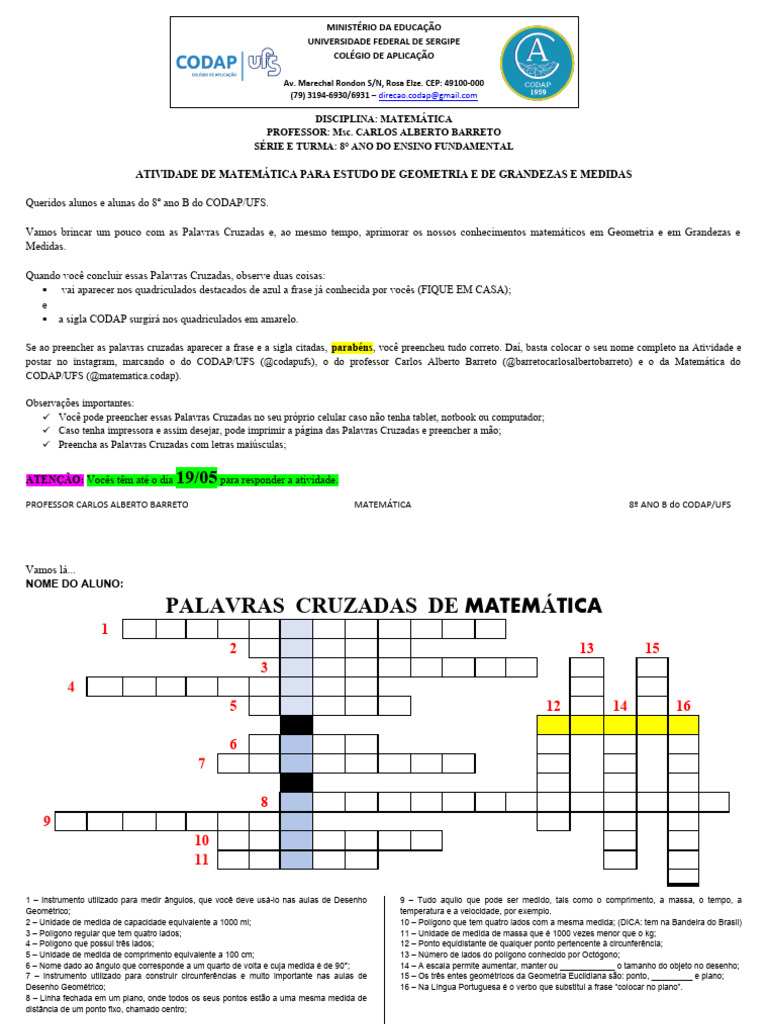 Palavras Cruzadas de Matemática 8º Ano | PDF | Geometria | Polígono