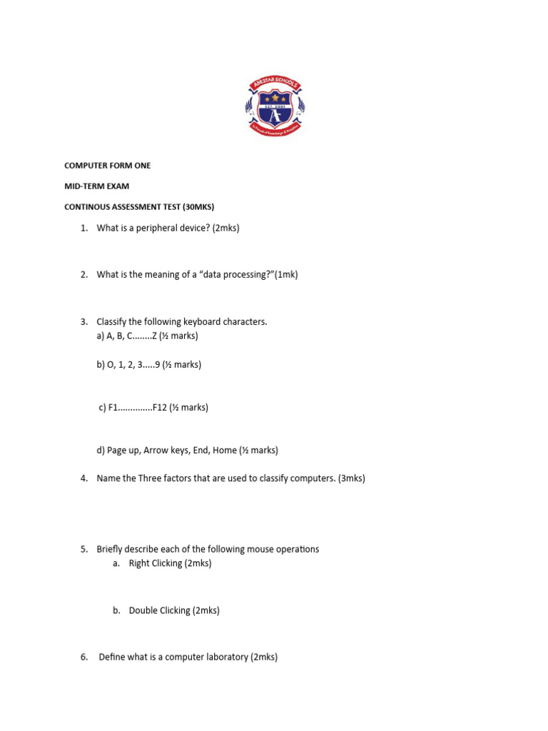 COMPUTER FORM ONE MID-TERM 1 | PDF