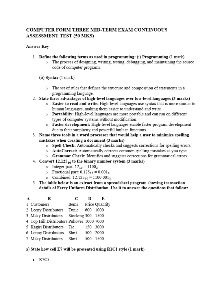 Computer Form Three Exam Answer Key | PDF | Input/Output | Computer ...