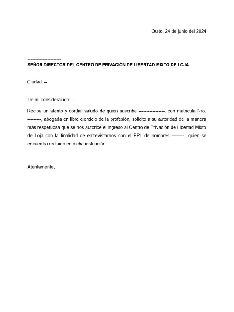 Modelo De Solicitud Para Ingreso A La Carcel PDF