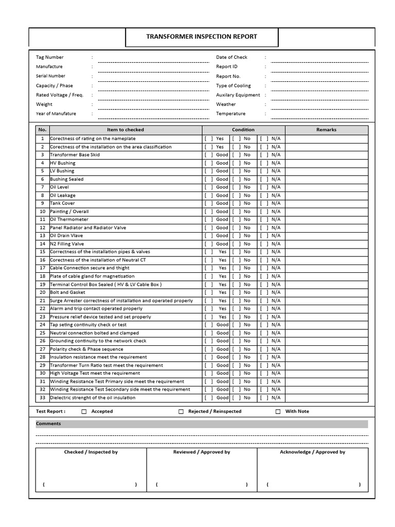 Transformer Inspection Report Checklist | PDF | Transformer | Power ...