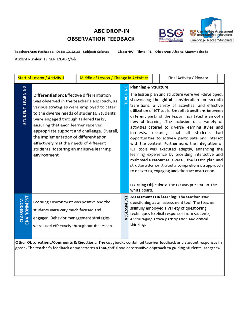 Science Lesson Observation Feedback | PDF | Lesson Plan | Educational ...