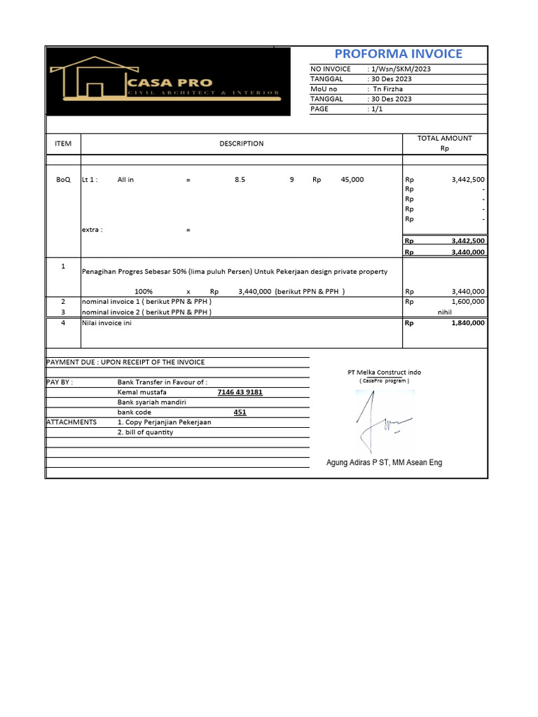 Proforma Invoice for Project Payment | PDF