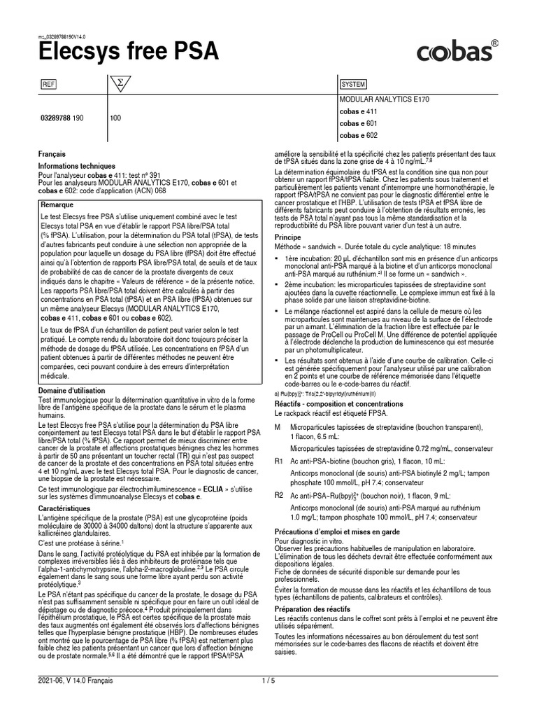 Test Elecsys Free PSA : Guide Technique | PDF | Antigène prostatique ...