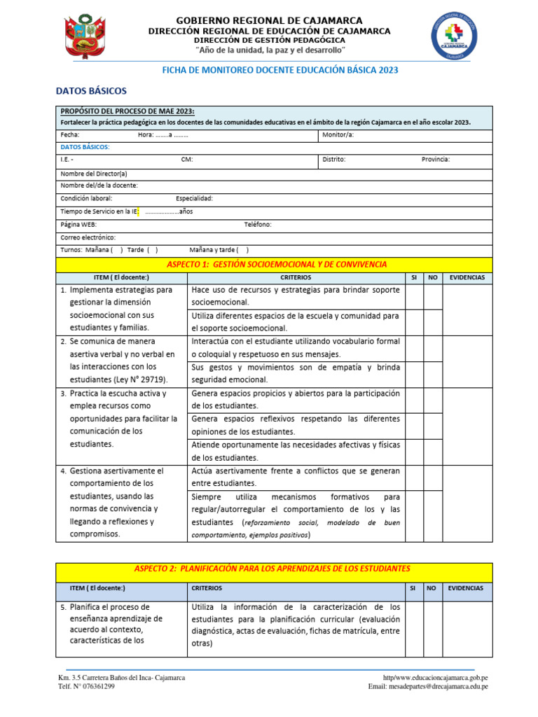 Ficha de Monitoreo Docente 2023 Cajamarca | PDF | Evaluación | Aprendizaje