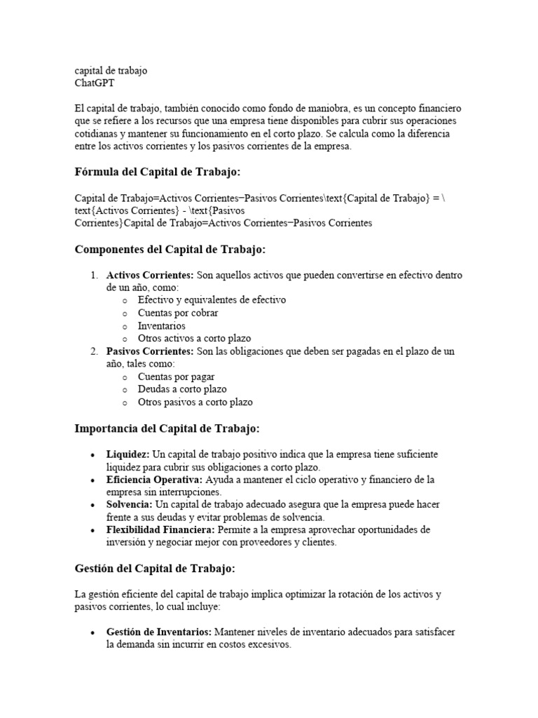 capital de trabajo | PDF | Capital de trabajo | Liquidez de mercado