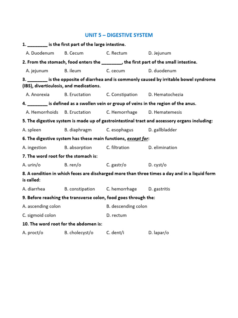 Unit 5 - Digestive System: 1B 2D 3C 4A 5D 6C 7C 8A 9A 10D | PDF | Wellness