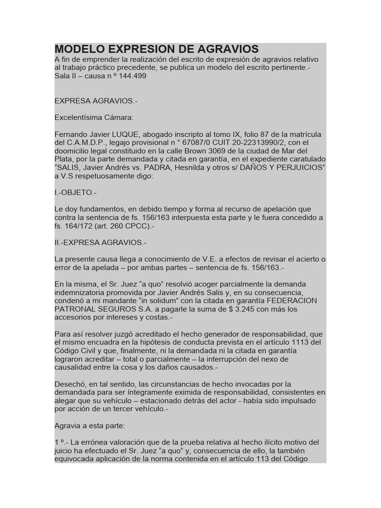 Modelo expresion de agravios pdf caso de ley bancos