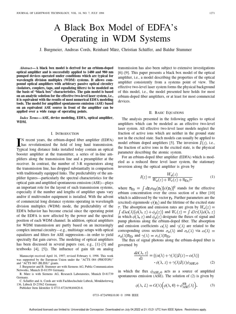 A Black Box Model of EDFAs Operating in WDM Systems | PDF | Wavelength ...
