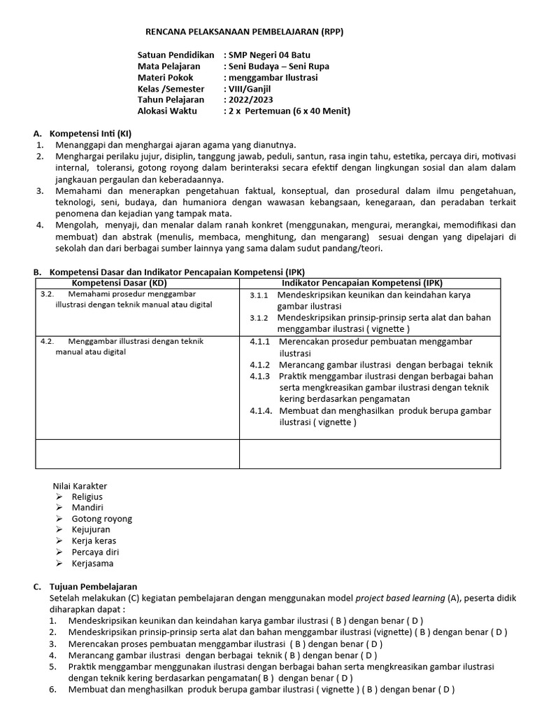 RPP Seni Rupa: Menggambar Ilustrasi | PDF